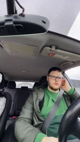 Man Eye Glasses Driving Car Turning Steering Wheel — Stock Video