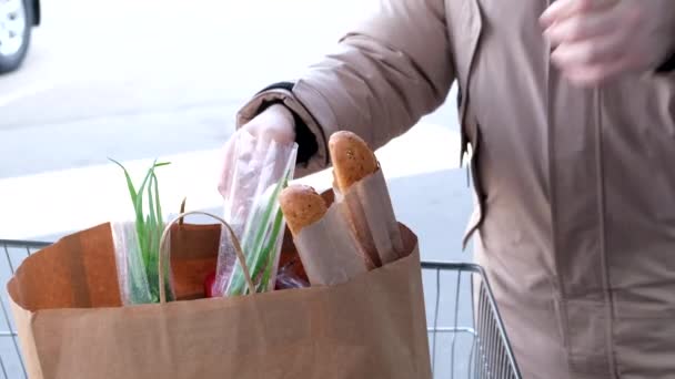 식료품 봉지를 가게의 트롤리에서 가까운 트렁크에 — 비디오