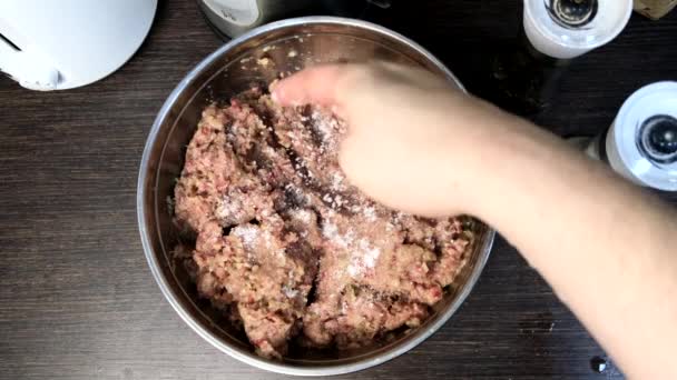 Cooking Meatballs Mixing Forcemeat Overhead Bowl Domestic Kitchen — 图库视频影像