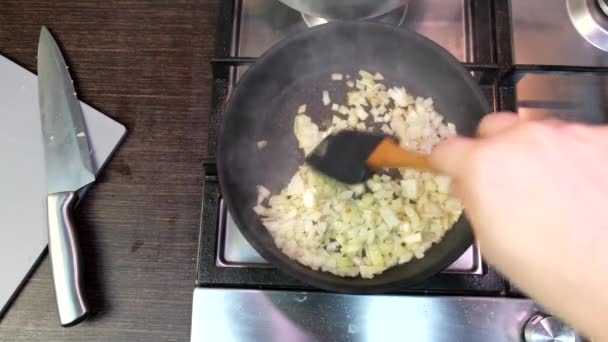 Frying Onions Pan Domestic Kitchen Stove Overhead View — Video
