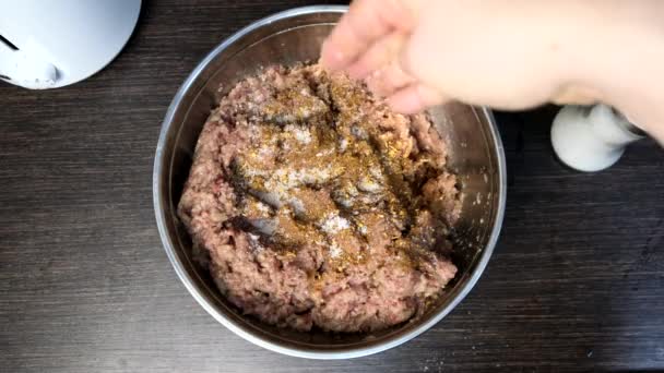Cooking Meatballs Mixing Forcemeat Overhead Bowl Domestic Kitchen — Vídeo de stock
