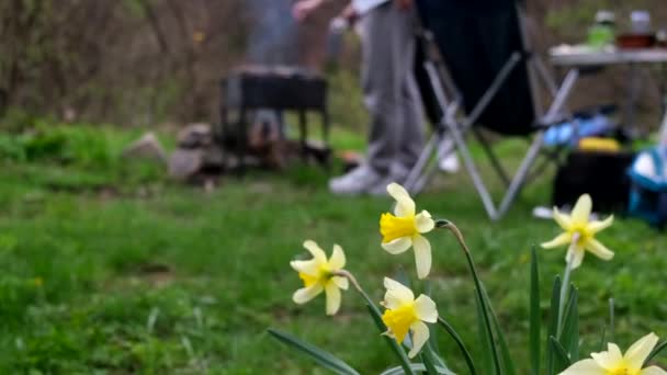 Jarní Květiny Zavřít Lidé Vaření Bonfire Pozadí Kopírovat Prostor — Stock video