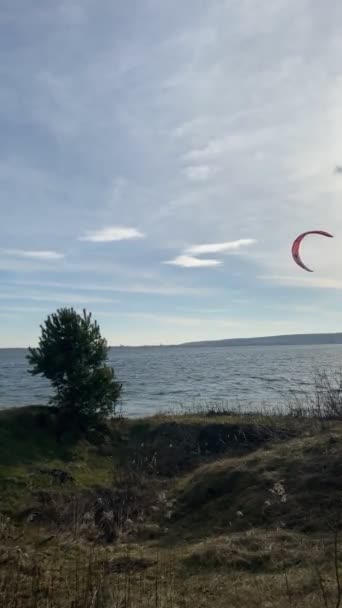 Kiteboarder Schets Wind Bij Zonsondergang Winderige Dag — Stockvideo