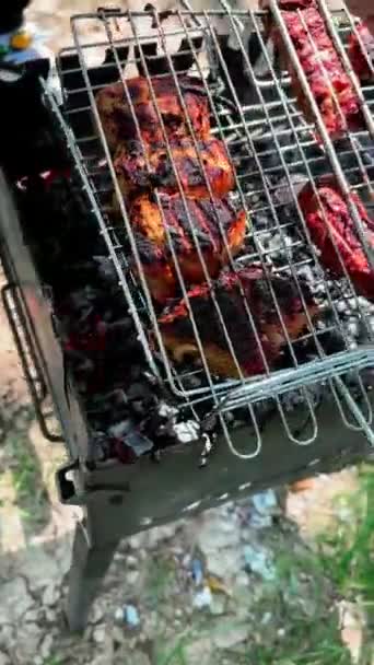 Memasak Daging Luar Ruangan Hari Api Unggun Bbq — Stok Video