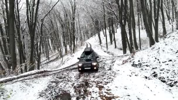 在冰雪覆盖的森林中移动后部的越野车 — 图库视频影像