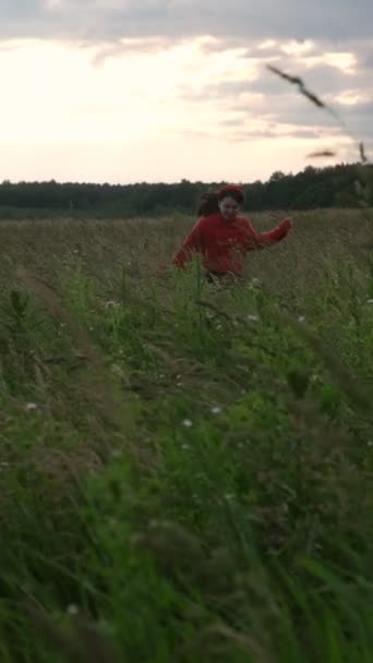 Ευτυχισμένη Γυναίκα Τρέχει Από Χωράφι Σιτάρι Στο Ηλιοβασίλεμα Αντίγραφο Χώρο — Αρχείο Βίντεο