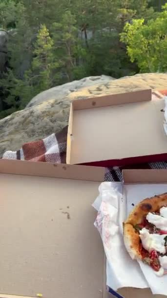Pov View Eating Pizza Mountain Cliff Looking Sunset — Stock Video