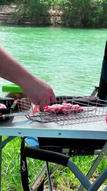 Cooking Meat Outdoors Bbq Grill Bonfire Summer Day — Stock Video
