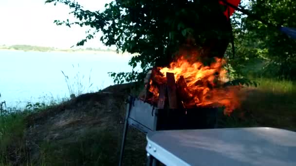 Campsite Lake Bonfire Copy Space — Stock Video