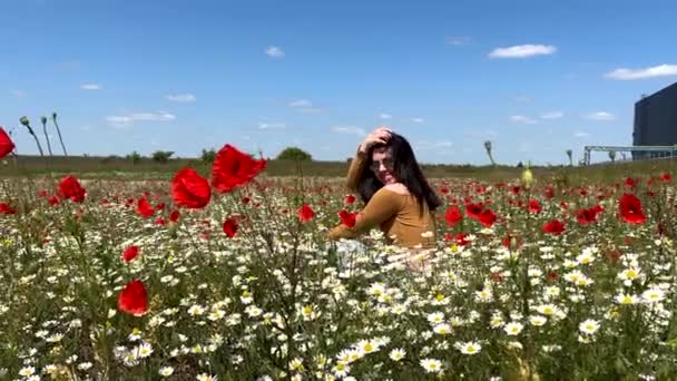 Šťastná Žena Máku Heřmánku Květiny Pole Léto Slunečný Den — Stock video