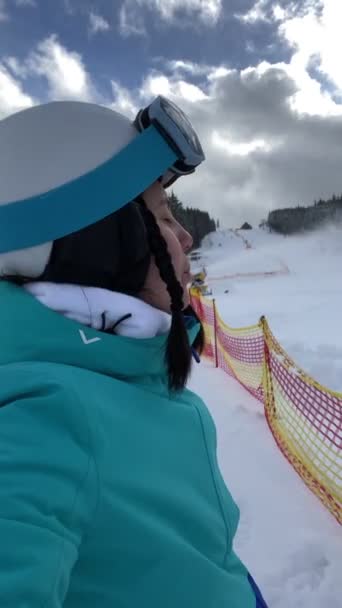Woman Skier Having Fun Ski Slope Snow Gun Winter Vacation — Stock Video