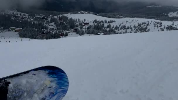 Πρώτου Προσώπου Του Snowboarder Σκόνη Χιόνι Χιονοδρομικό Χώρο Αντίγραφο Θέρετρο — Αρχείο Βίντεο