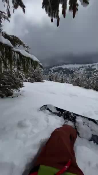 Πρώτου Προσώπου Του Snowboarder Σκόνη Χιόνι Χιονοδρομικό Χώρο Αντίγραφο Θέρετρο — Αρχείο Βίντεο