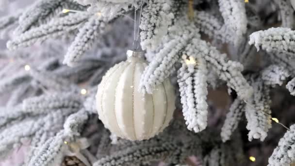 Árvore Natal Decorada Com Óculos Brancos Brinquedos Ramos Nevados — Vídeo de Stock