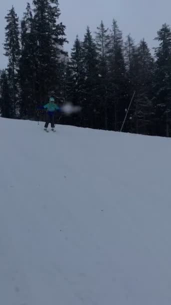 スキー場の女性スキーヤー 美しい山の風景 ブコベル ウクライナ — ストック動画
