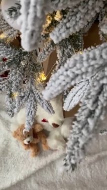Kamera, karlı dalları olan süslü Noel ağacını gösteriyor.