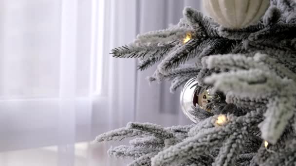 Mulher Mão Decoração Árvore Natal Casa Ramos Brancos Cobertos Neve — Vídeo de Stock