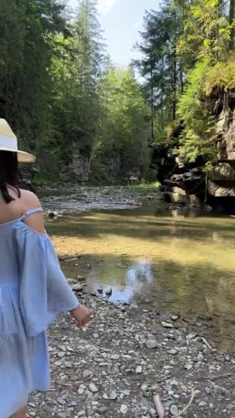Ευτυχισμένη Γυναίκα Ταξιδιώτη Στο Φόρεμα Στο Βουνό Ποτάμι Καλοκαιρινές Διακοπές — Αρχείο Βίντεο