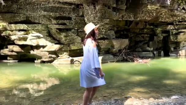 Glückliche Reisende Kleid Beim Sommerurlaub Gebirgsfluss — Stockvideo