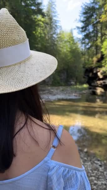 Dağ Nehri Yaz Tatilinde Giyinmiş Mutlu Kadın Gezgin — Stok video
