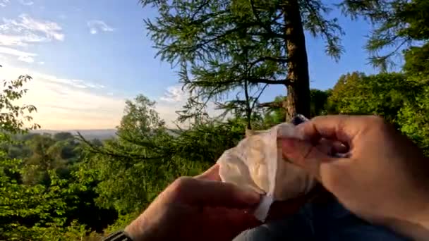 Pov Людина Лягає Гамак Їсть Бургер Насолоджуючись Заходом Сонця — стокове відео