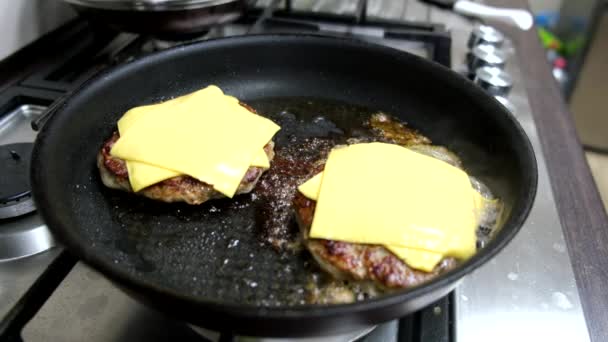 Bakken Hamburgervlees Met Kaas Bovenop Pot Huishoudelijke Keuken — Stockvideo