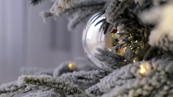 Silver Glass Christmas Toy Ball Christmas Tree Close — Stock Video