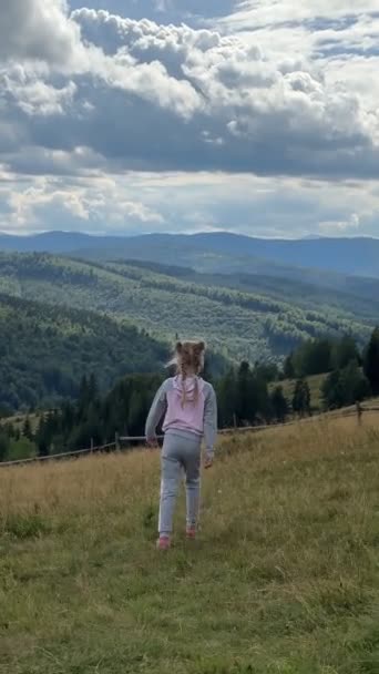 Little Cute Girl Running Meadow Middle Mountains Range Ukrainian Carpathians — Stock Video