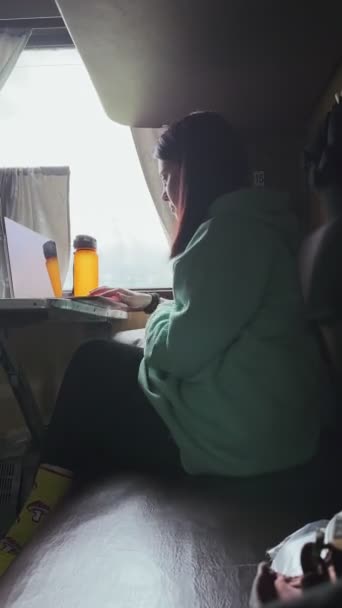 Γυναίκα Στο Τρένο Που Εργάζεται Φορητό Υπολογιστή Ενώ Στο Δρόμο — Αρχείο Βίντεο
