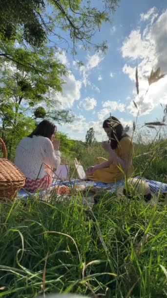 Mutlu Çift Yaz Mevsiminde Dışarıda Oturmuş Resim Çiziyor — Stok video