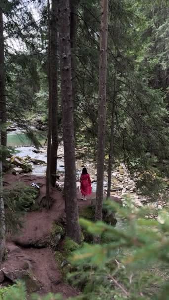 Mujer Turista Vestido Rojo Disfrutando Vista Del Río Montaña Pie — Vídeo de stock