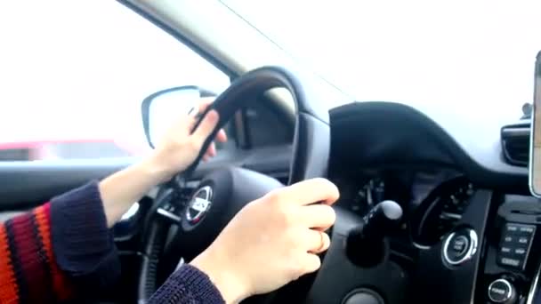Kvinna Händer Ratten Kör Bilen — Stockvideo