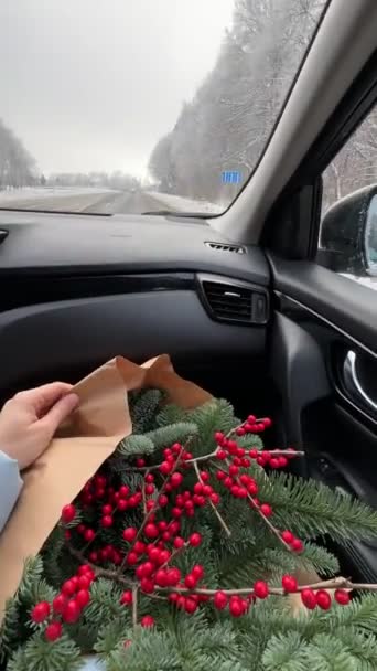 Woman Pov Holding Pine Tree Bouquet Sitting Passenger Seat Copy — Stock Video