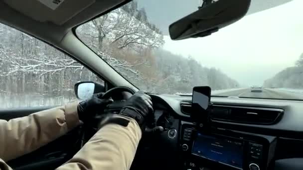 Férfi Kesztyű Vezetés Autó Téli Autópálya Közúti Utazás — Stock videók