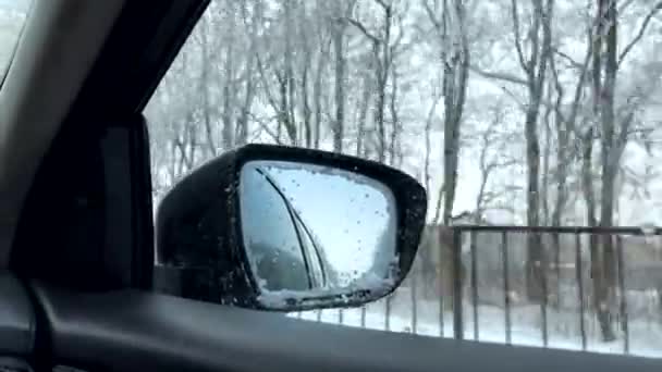 Car Travel Concept Car Rear Mirror Moving Winter Highway Road — Stock Video