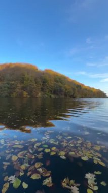 Sonbahar gölü manzarası. Su üzerinde altın orman ışığı dalgaları.