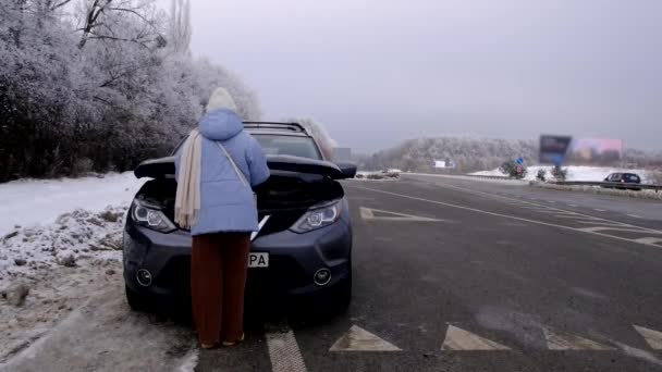 Kobieta Otwierająca Maskę Samochodu Sezonie Zimowym Przy Drodze — Wideo stockowe