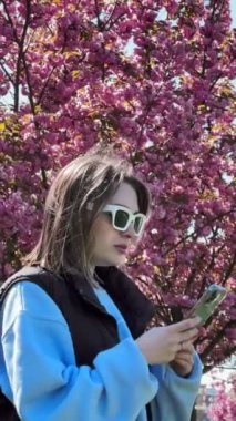 Dişleri olan kadın internette sörf yapıyor. Arka planda sakura açıyor.