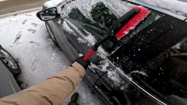 Pov Man Ren Bil Snö Vinter Kall Morgon Motor Start — Stockvideo