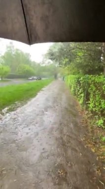 Sokakta yürüyen kişi perspektifi şemsiye altında şiddetli bahar yağmuru altında