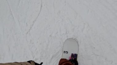 Bir snowboardcu karlı bir yamaçtan aşağı iniyor, ağaçlar kenarlarını kaplıyor..