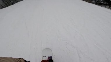 Bir snowboardcu karlı bir yamaçtan aşağı iniyor, ağaçlar kenarlarını kaplıyor..