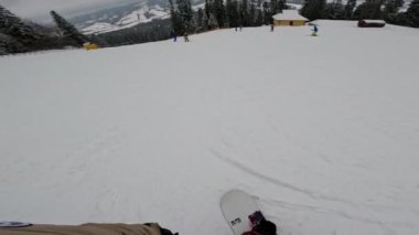 Bir snowboardcu karlı bir yamaçtan aşağı iniyor, ağaçlar kenarlarını kaplıyor..