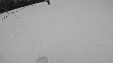 Bir snowboardcu karlı bir yamaçtan aşağı iniyor, ağaçlar kenarlarını kaplıyor..