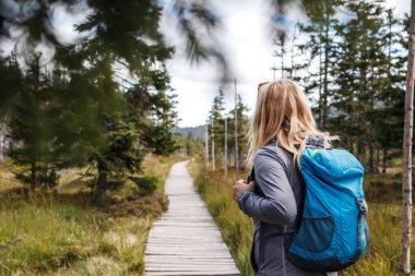 Jeseniky Dağları 'nda tahta yolda yürüyüş yapan bir kadın turist. Ormanda gezintiye çıkmak.