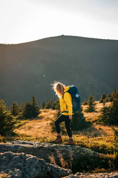 Sırt çantalı ve sarı ceketli bir kadın sonbaharda gün batımında dağ yolunda yürüyüş yapıyor.