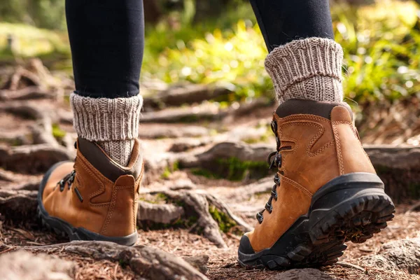 Hiking boot. Walk on trekking trail in forest. Leather ankle boots and knitted alpaca socks