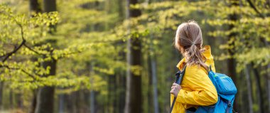 Ormanda yürüyüş. Sırt çantalı ve sarı ceketli bir kadın ormanlık alanda yürüyor. Panoramik görünüm