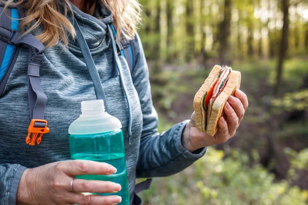 Woman Tourist Eating Sandwich Drinking Water Outdoors Refreshment Hiking Forest — Stock Photo, Image