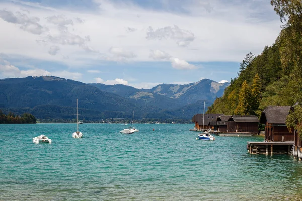 stock image Boats on lake Wolfgangsee at Salzkammergut, European Alps mountain, Austria. View from Strobl town